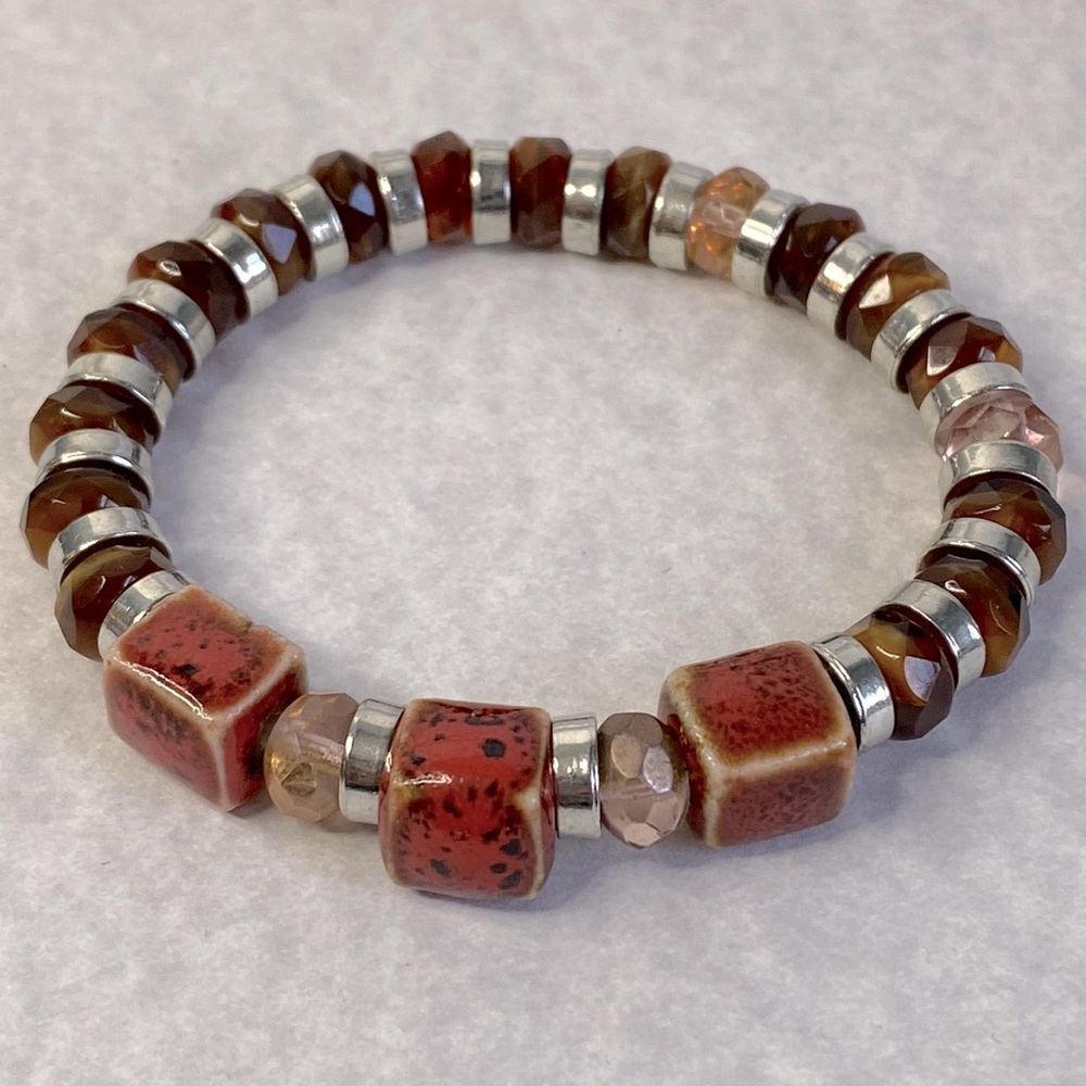 Faceted tiger eye ceramic beaded stretch bracelet unisex